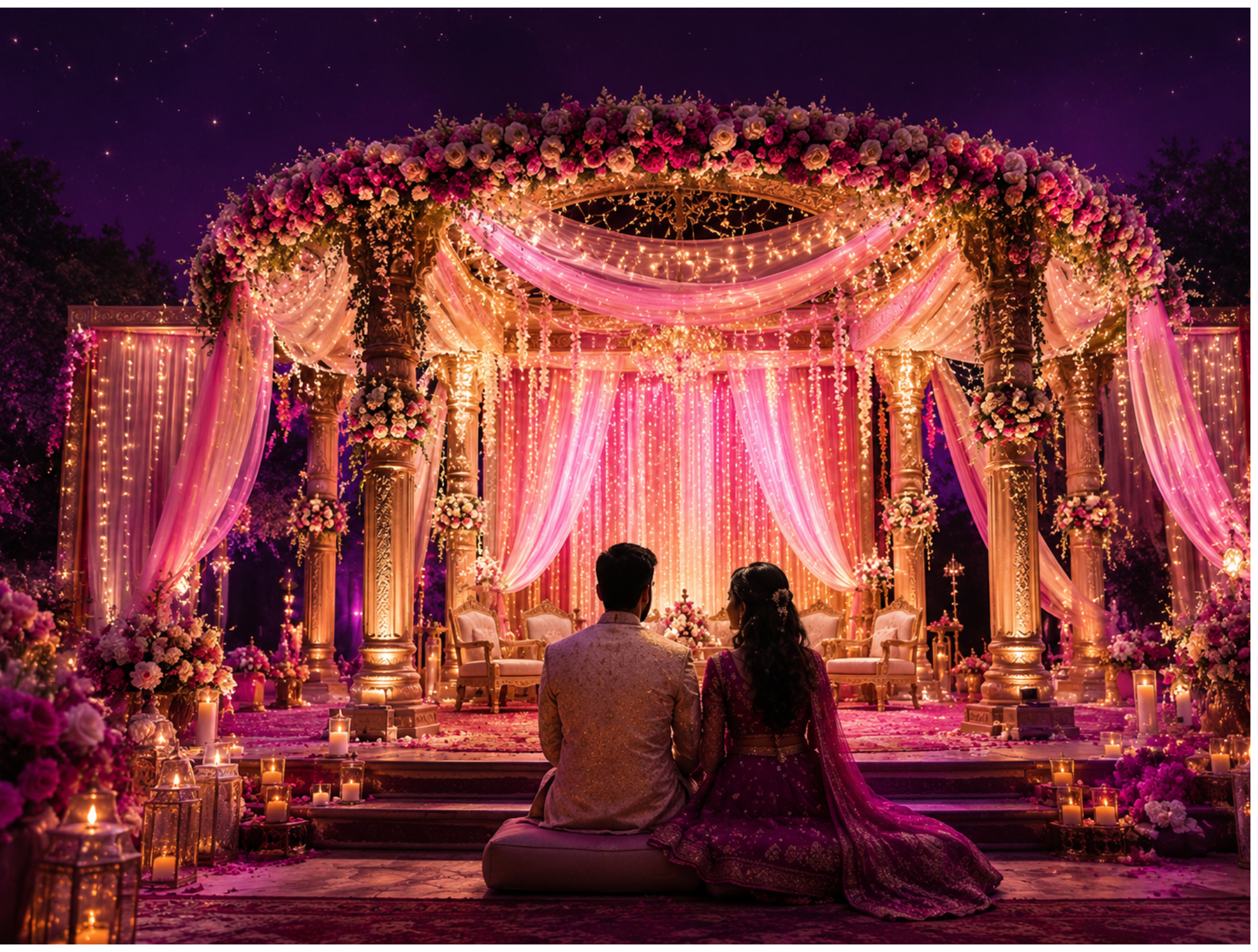 Couple looking at a decorated Indian wedding stage