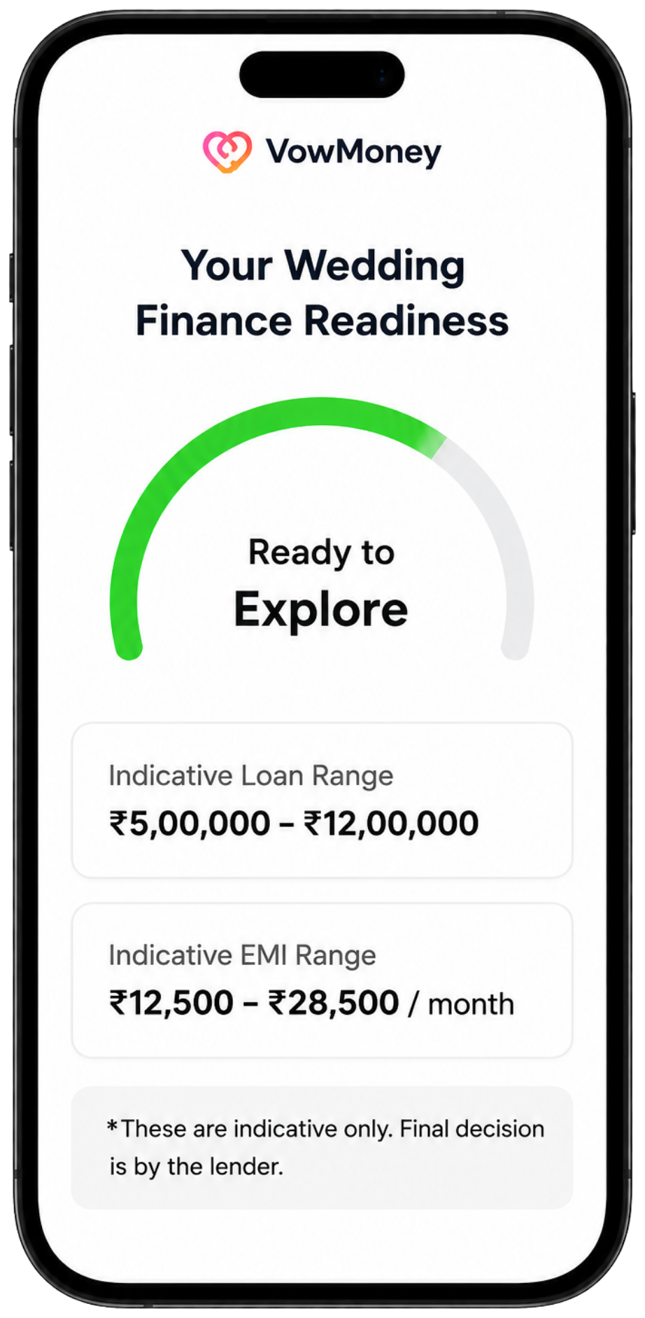 VowMoney wedding finance readiness result on a phone